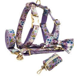 Purple And Wind Floral Dog Collar Hand Holding Rope Metal Bandana Bow Strap Out Shit Bag (Option: 5sets-L)